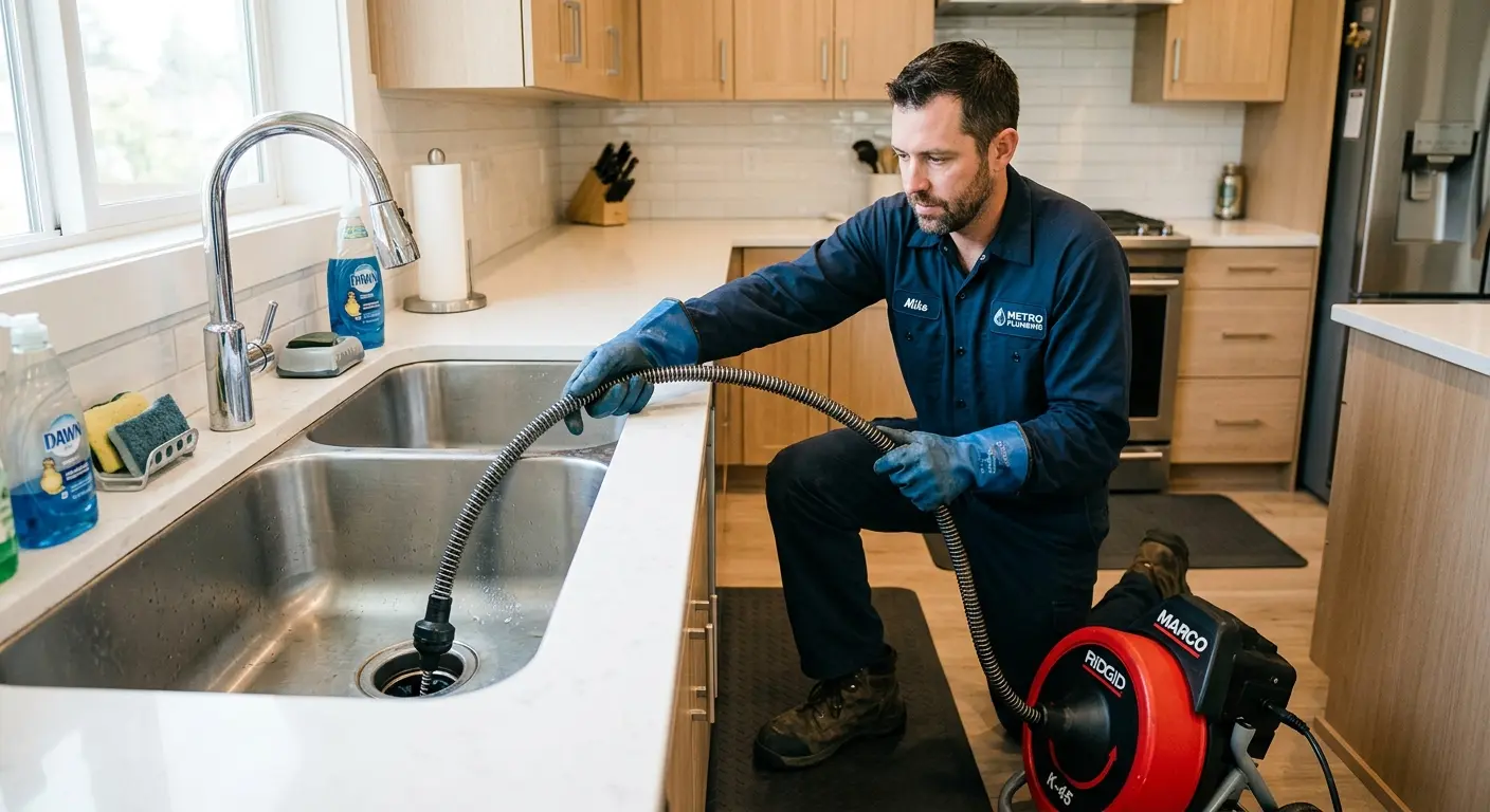 Drain cleaning technician using a motorized snake on a kitchen sink in Grantsville