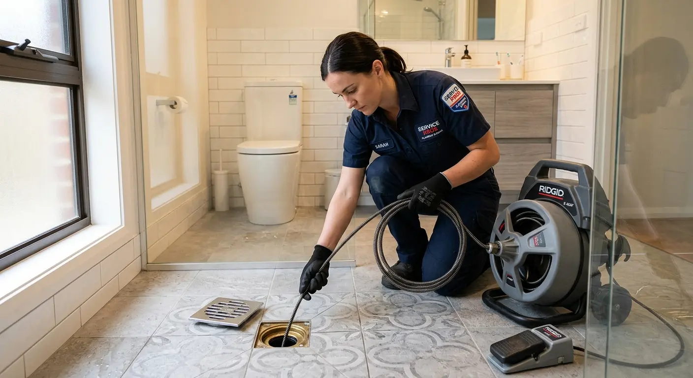 Technician clearing a bathroom floor drain for Sewer Line Replacement in Grantsville